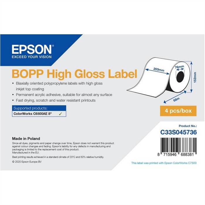 Epson BOPP Etichetta lucida ad alta brillantezza - Bobina continua: 203mm x 68m