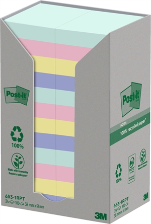 3M Post-it Riciclati colori misti 38 x 51 mm, 100 fogli - confezione da 24