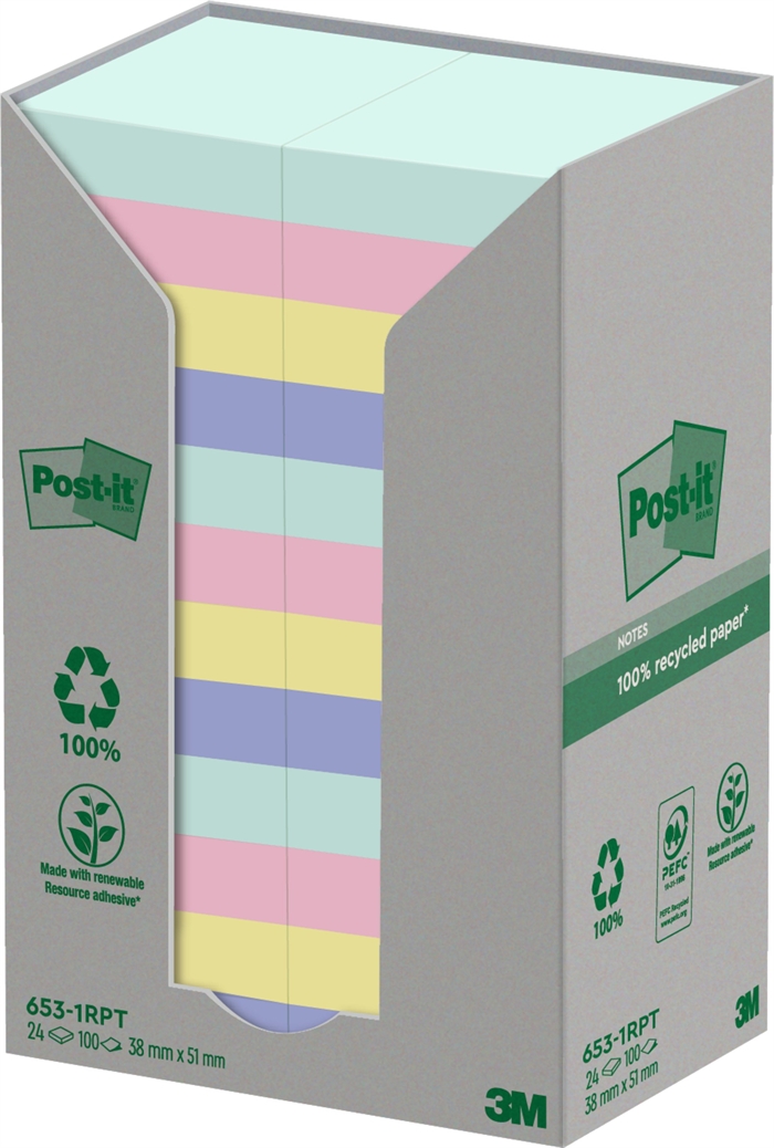 3M Post-it Riciclati colori misti 38 x 51 mm, 100 fogli - confezione da 24