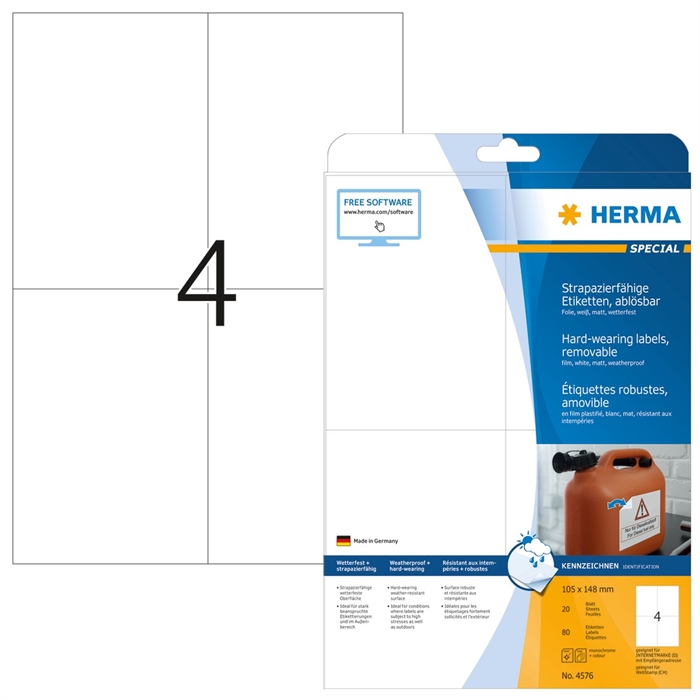 HERMA etichetta rimovibile impermeabile 105 x 148 mm, 80 pezzi.