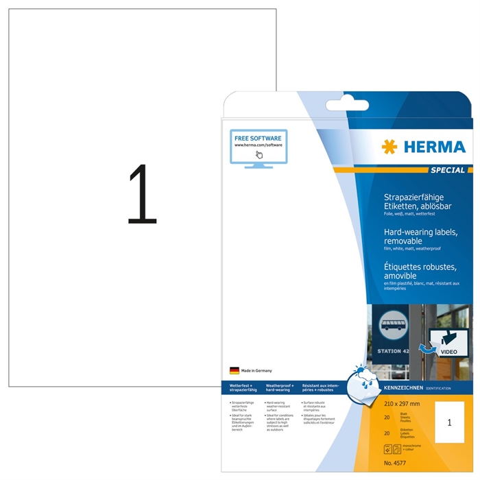 HERMA etichetta removibile resistente all\'acqua 210 x 297 mm, confezione da 20 pezzi.