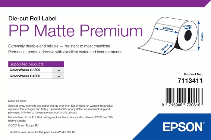 Epson PP Matte Label Premium, Etichette pretagliate, 102 x 76mm (365 Etichette)