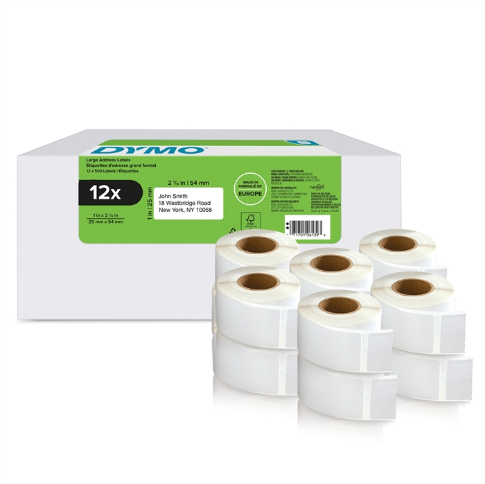 Dymo LabelWriter Etichette di indirizzo di ritorno da 25 mm x 54 mm 12 rotoli da 500 pezzi.