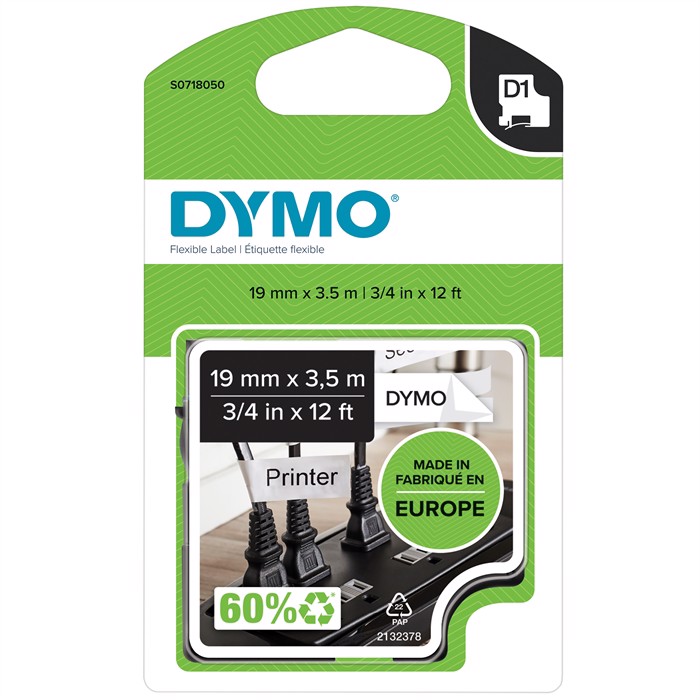 Nastro D1 19mm x 2,5m in nylon permanente nero/bianco