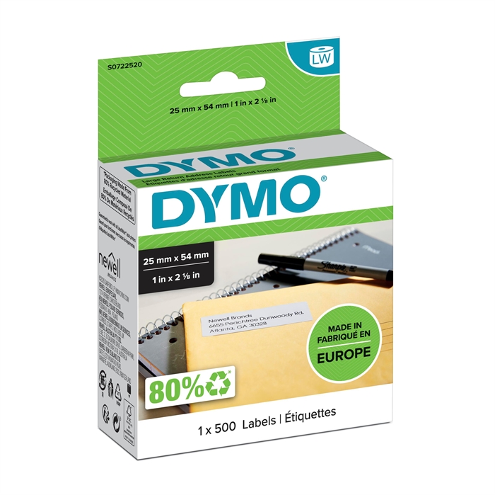 Dymo Etichetta di Restituzione 25 x 54 mm bianco permanente, 500 pezzi.