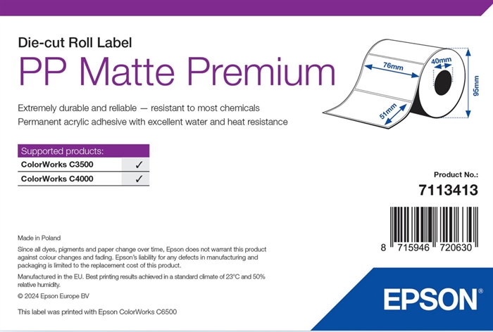 Epson PP Matte Label Premium, Etichette fustellate, 76 x 51mm ( 535 etichette )