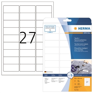 HERMA etichette rimovibili per nome/tessuto 63,5 x 29,6 mm bianco, 540 pezzi.