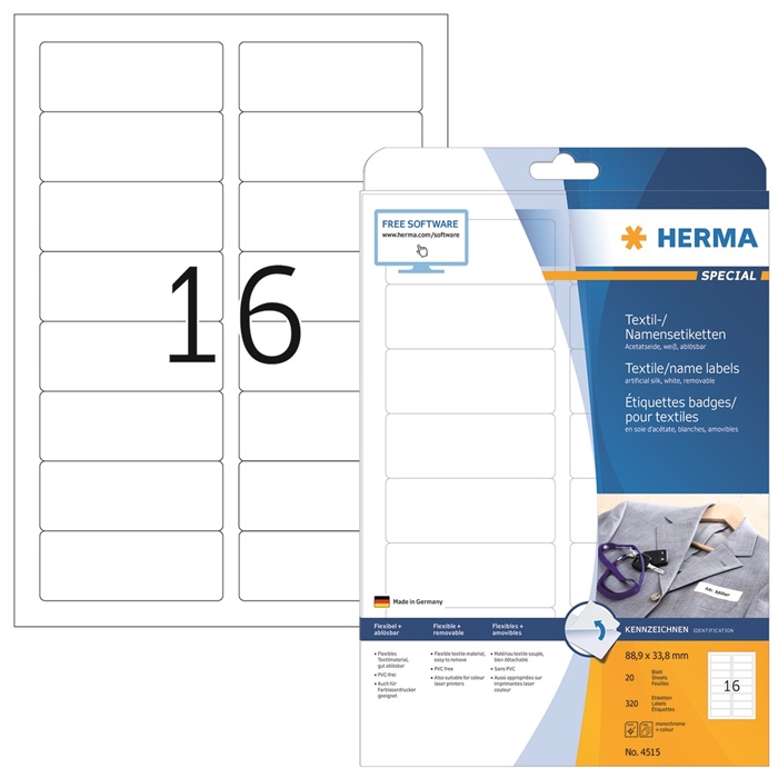 HERMA etichette per nome / tessuto rimovibili 88,9 x 33,8 mm bianche, 320 pezzi.