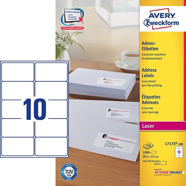 Avery L7173-100 Etichette per indirizzi 99,1 x 57 mm QP+UG mm, 1000 pezzi.